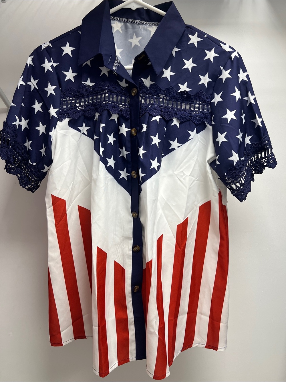 Source Unknown Navy White Red Patriotic Star & Stripe Button-Down Top